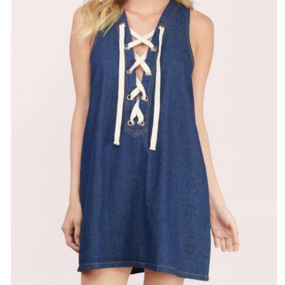 TOBI Denim Daze Dark Wash Lace Up Denim Jean Shift Mini Dress Size S - Picture 2 of 11